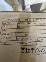 Rise K12 65W USB-C Universal AC adapter Quantity of 25 RKUC65G1-25PK
