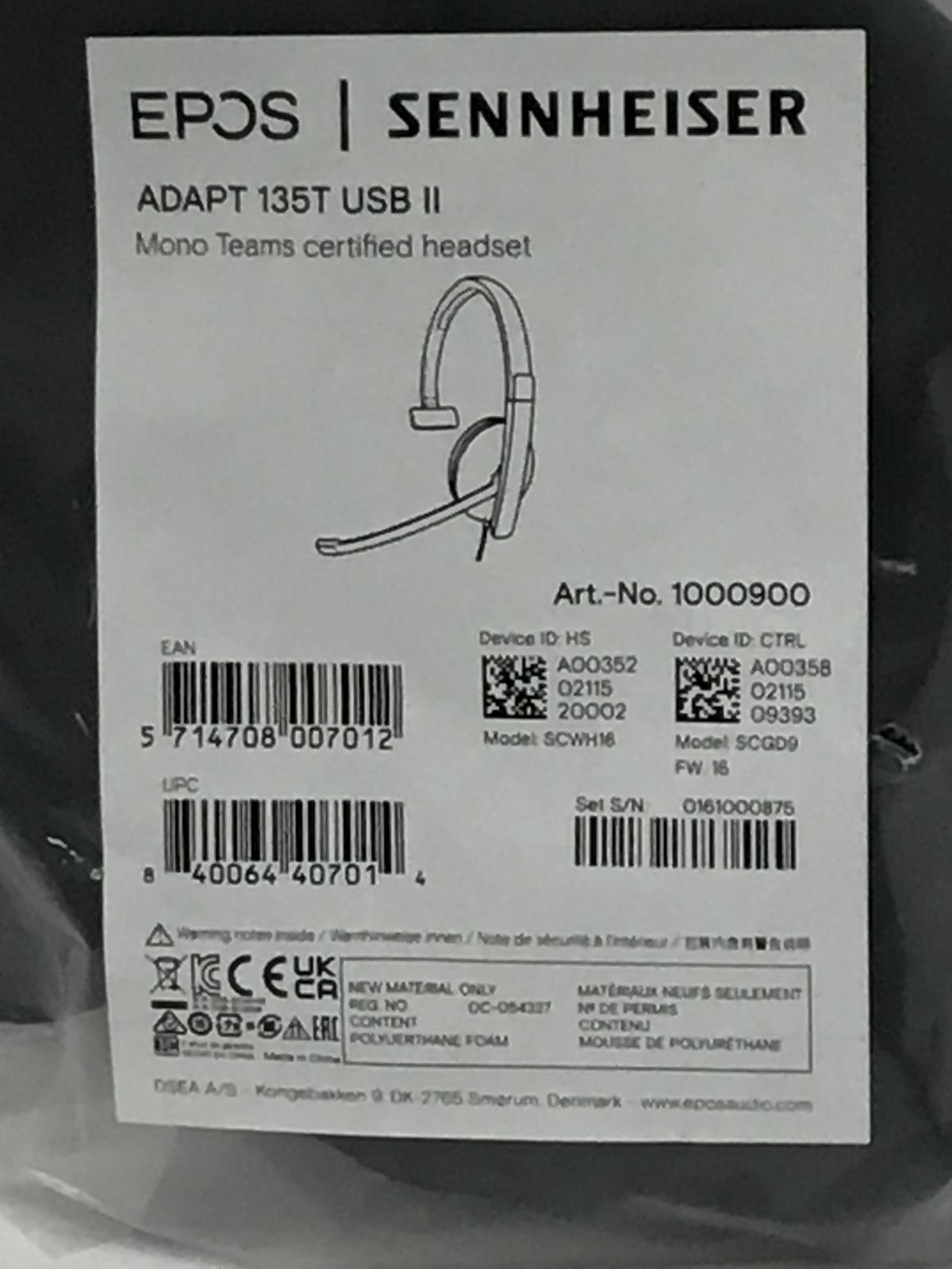 Sennheiser EPOS I 135T USB Mono Headset, Over-the-Head, Black 1000900