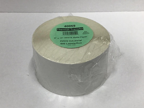 Zebra Thermal Transfer 4' x 10" White Matte Paper Label 600/Roll 3" Core 40059