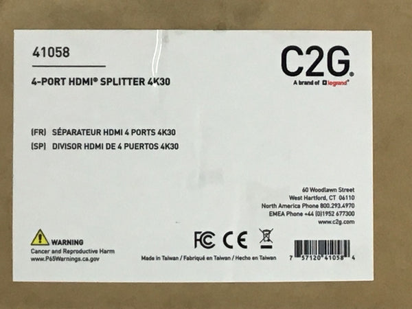 C2G 4 Port HDMI Splitter 4K30 1 in 4 Out 41058