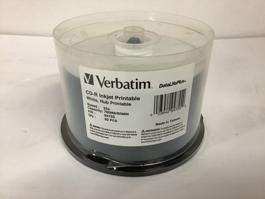Verbatim 52x Spindle CD-R Printable Recordable Disc 50/Pack White 94755