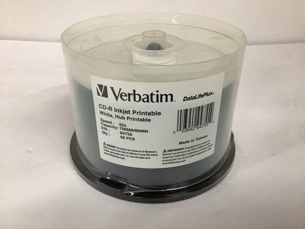 Verbatim 52x Spindle CD-R Printable Recordable Disc 50/Pack White 94755