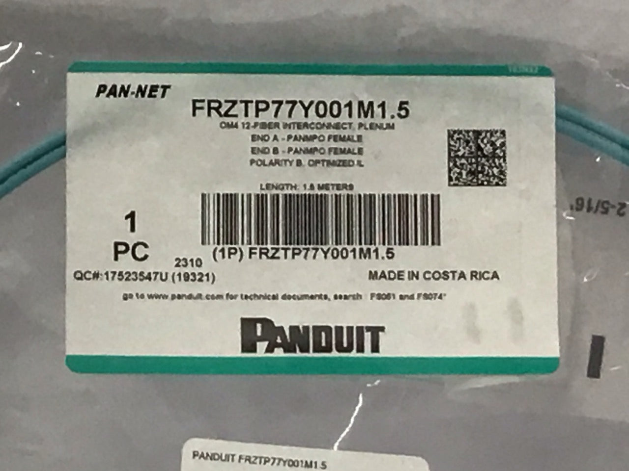 Panduit PanNet Fiber Optic Cable OM4 12-FB Intct Pol B Il 1.5M FRZTP77Y001M1.5