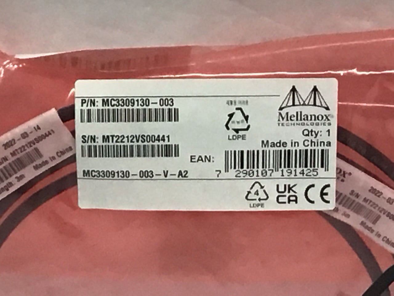 Mellanox 10Gbps SFP  to SFP  3 Meter Direct Attach Copper Cable MC3309130-003