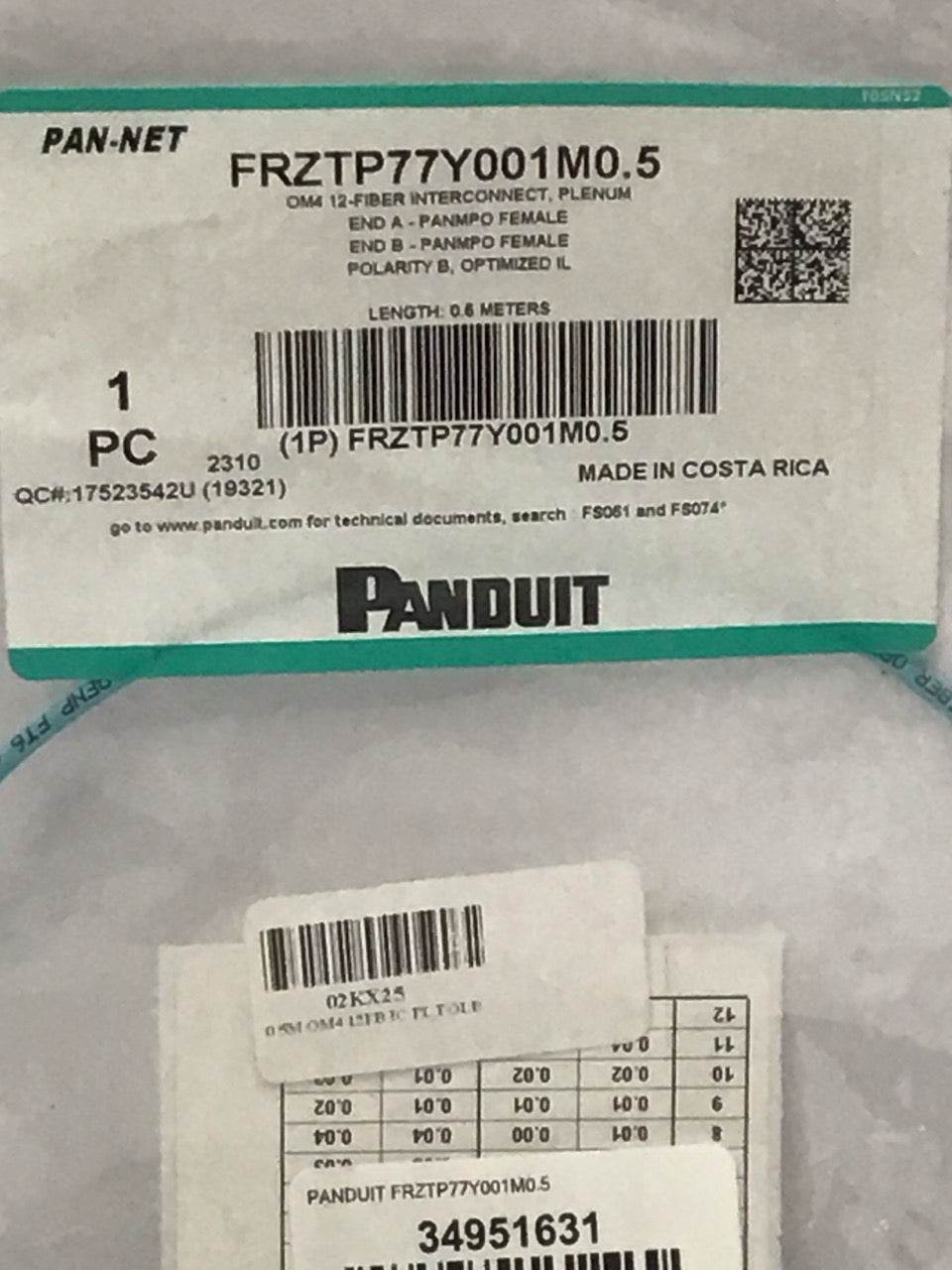 Panduit OM4 12-Fiber Interconnect Plenum PanMPO Female Cable  FRZTP77Y001M0.5