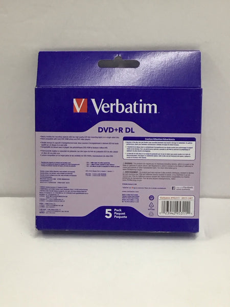 Verbatim DVD R DL 8.5GB 8X with Branded Surface 5pk Jewel Case Box 95311