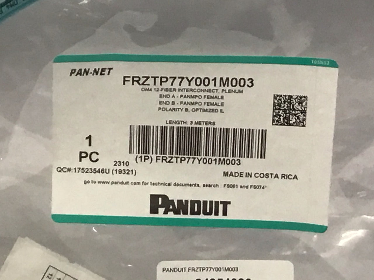 Panduit Om4 12 Fiber Interconnect MPO Female to MPO F 3M Cable FRZTP77Y001M003