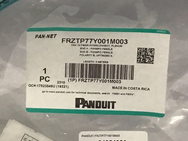 Panduit Om4 12 Fiber Interconnect MPO Female to MPO F 3M Cable FRZTP77Y001M003