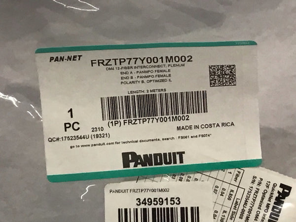 Panduit Om4 12 Fiber Interconnect MPO Female to MPO F 2M Cable FRZTP77Y001M002