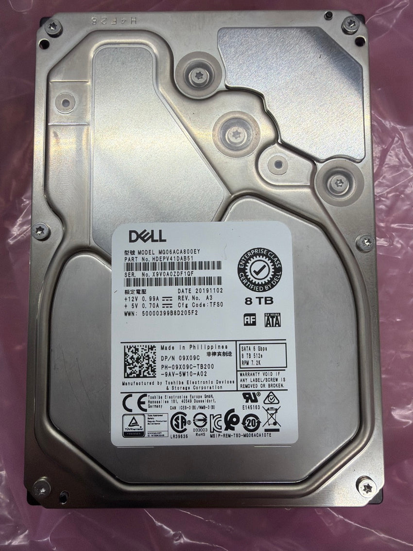 Dell 8TB SATA 6GBPS 7200RPM Hard Drive in Tray Y796F HDEPV41DAB51 09X09C READ