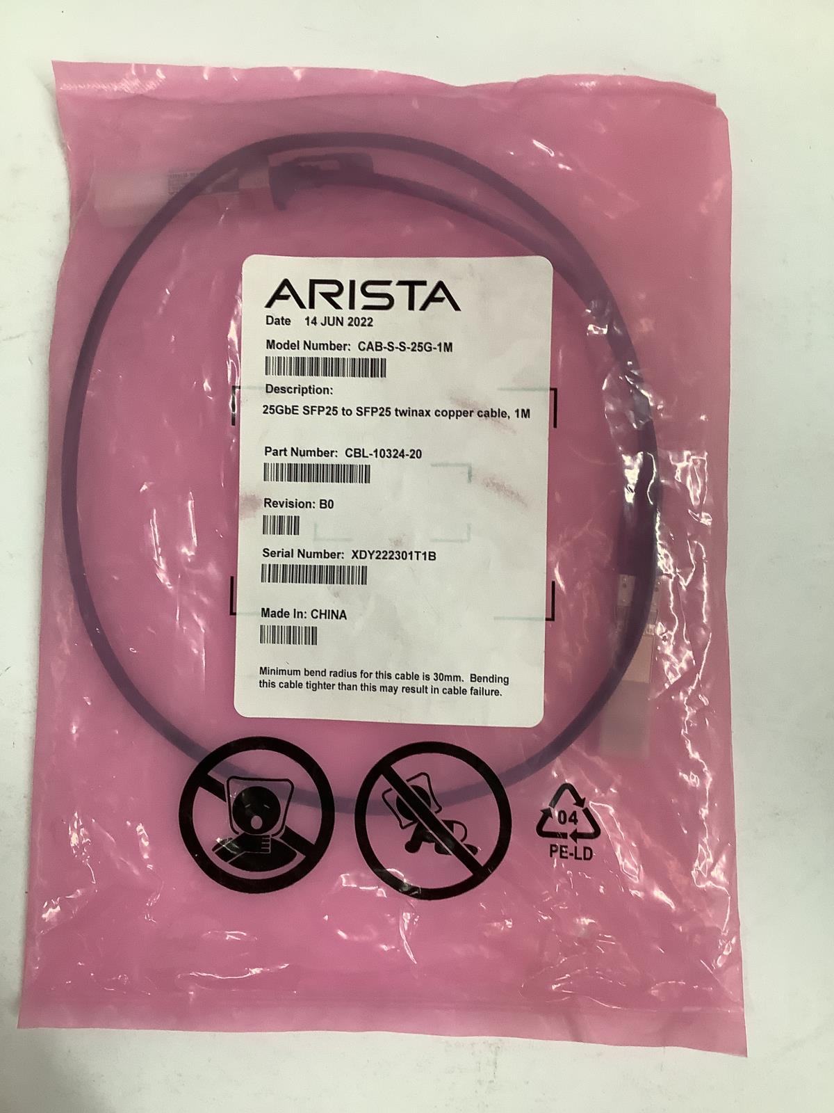 Arista 25GbE SFP28 to SFP28 Network Cable Genuine OEM 1M 3' CAB-S-S-25G-1M