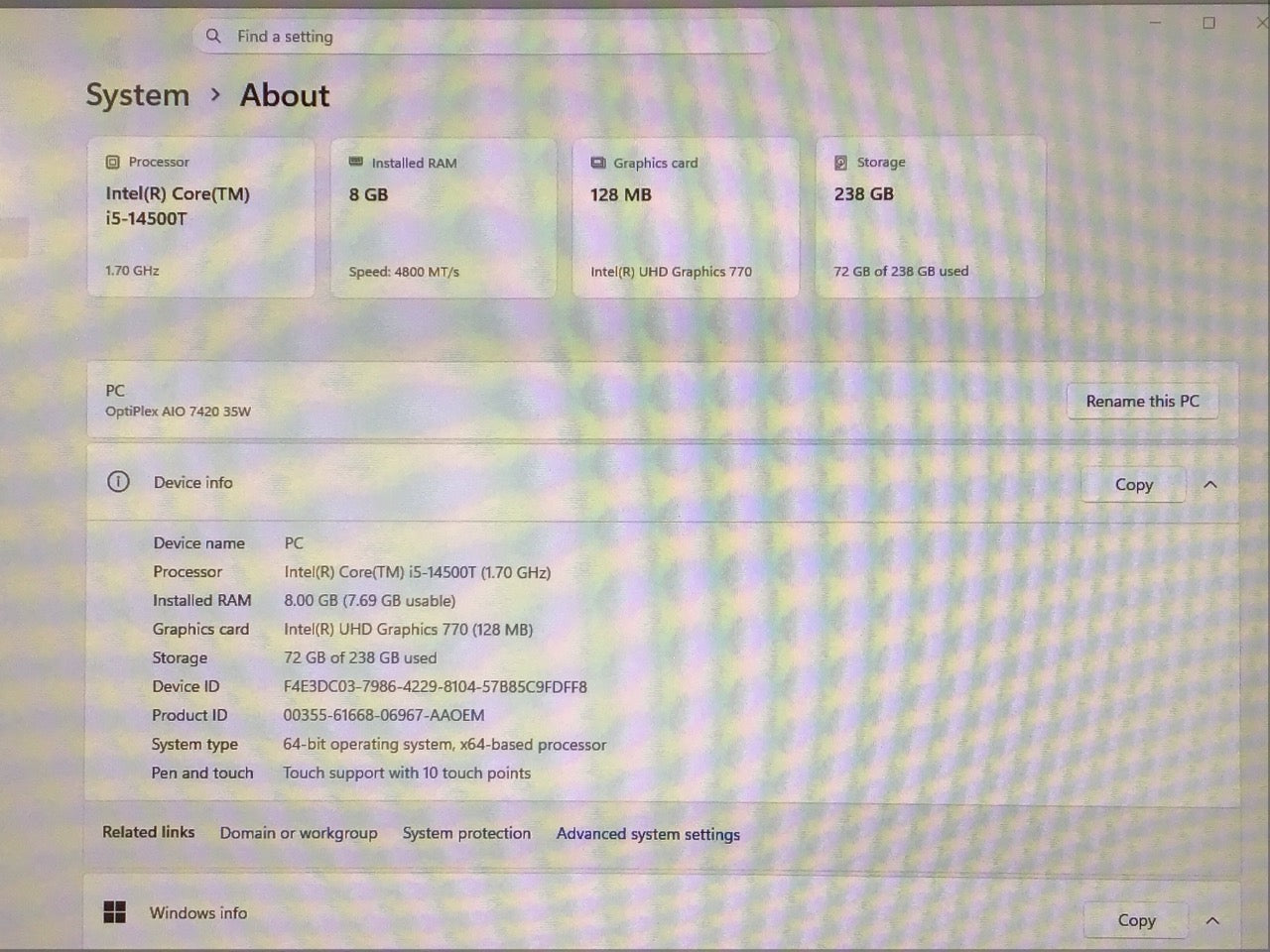 Dell OptiPlex 7420 24" All In One Touchscreen Computer 8GB DDR5 256GB i5-14500T