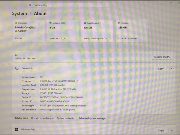 Dell OptiPlex 7420 24" All In One Touchscreen Computer 8GB DDR5 256GB i5-14500T