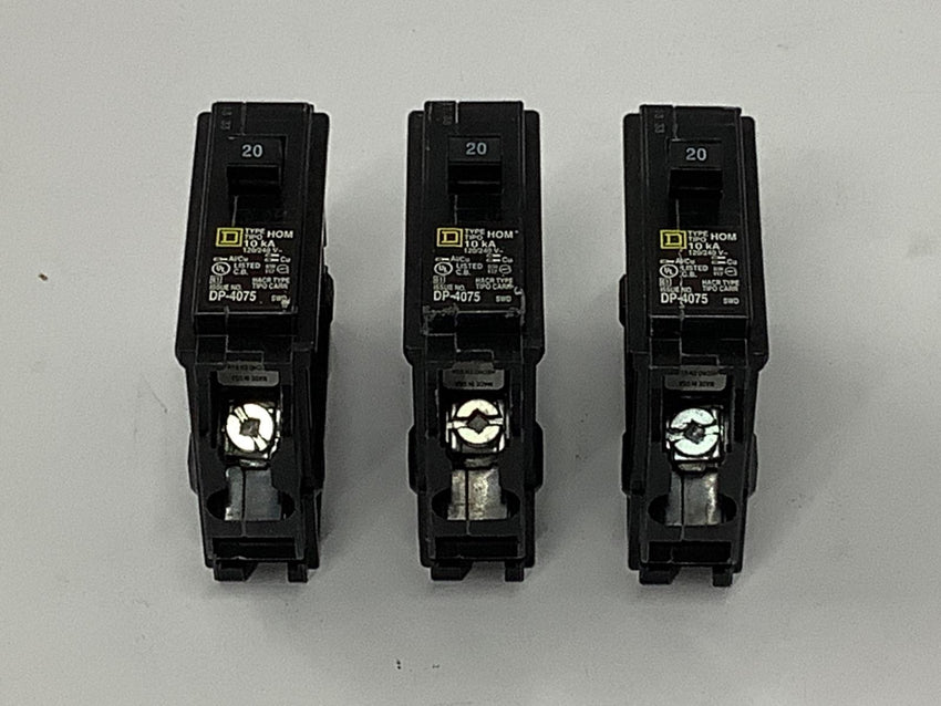 Square D Homeline 20-Amp Single-Pole Circuit Breaker 120/240V (Lot of 3) HOM120