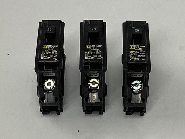 Square D Homeline 20-Amp Single-Pole Circuit Breaker 120/240V (Lot of 3) HOM120