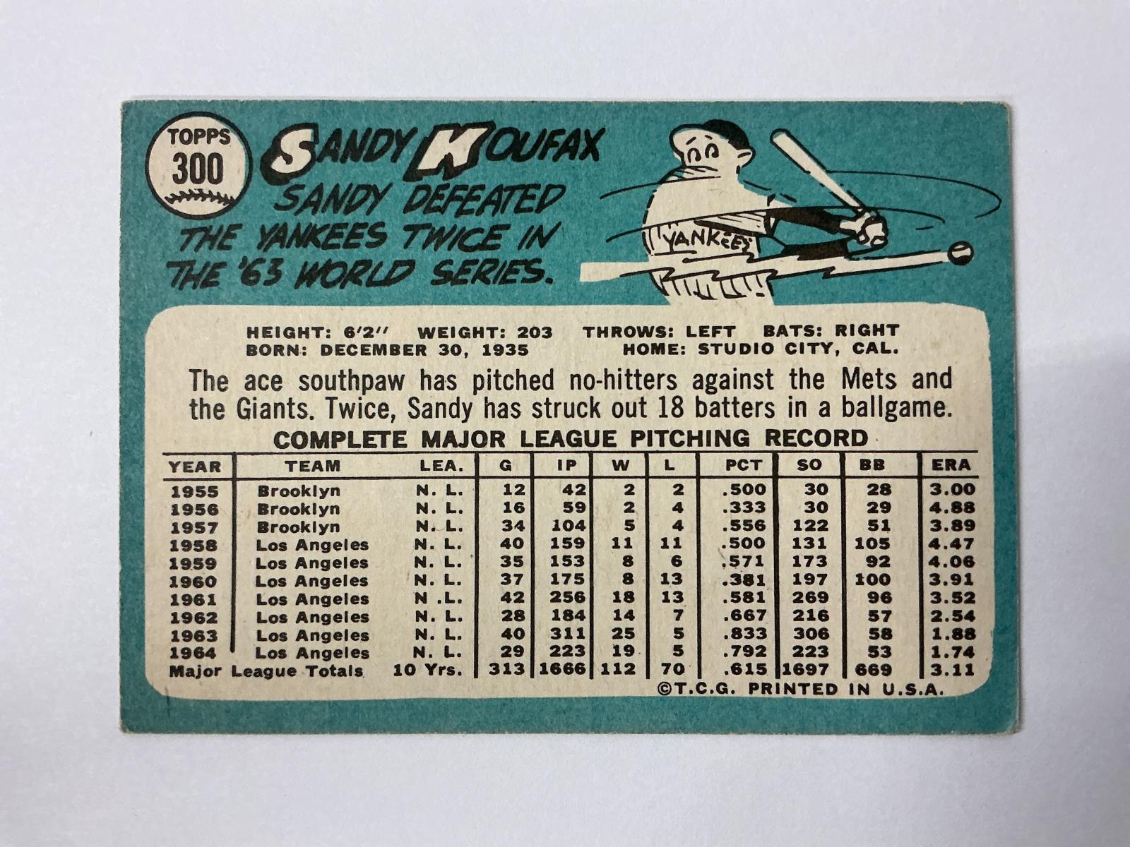 Topps 1965 Sandy Koufax 300 Original Vintage Baseball Card TOPPS300KOUFAX