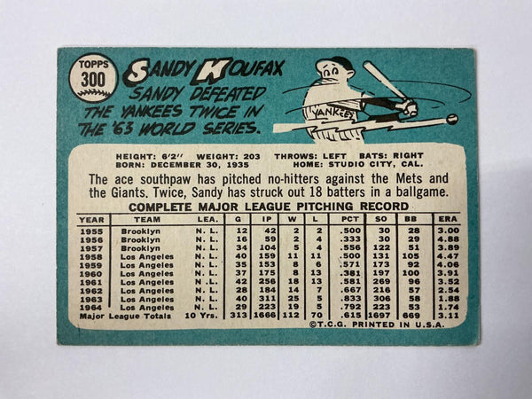Topps 1965 Sandy Koufax 300 Original Vintage Baseball Card TOPPS300KOUFAX