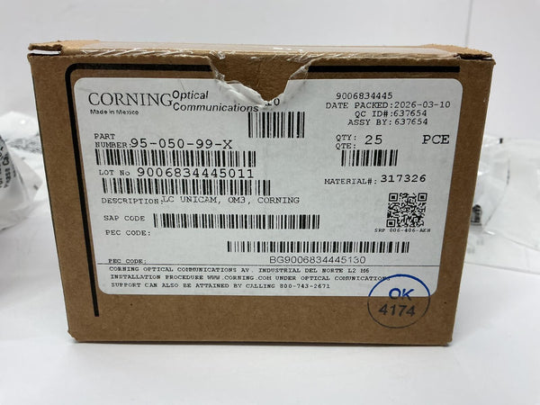 Corning Unicam LC OM3 Pretium Fiber Optic Connector 25 Pack Box 95-050-99-X