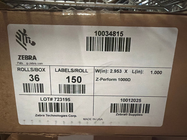 Zebra Z-Perform 1000D Label 2.953" x 1" Permanent Adhesive CASE OF 36 10034815