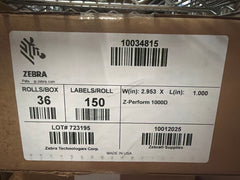 Zebra Z-Perform 1000D Label 2.953" x 1" Permanent Adhesive CASE OF 36 10034815