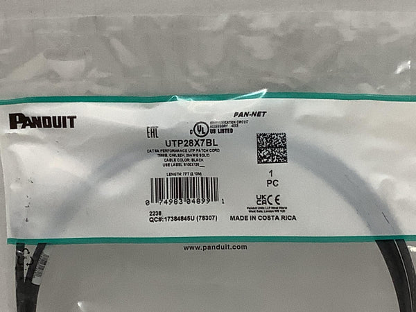 Panduit Cat 6A 28 AWG UTP Copper Patch Cord 7' Black Network Ethernet UTP28X7BL