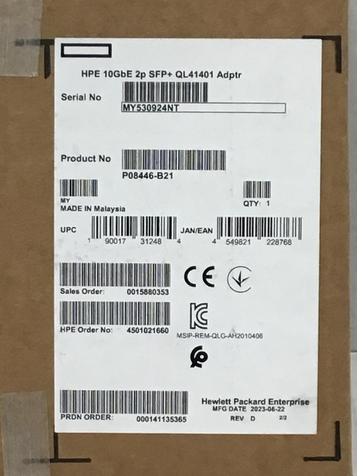 HPE 10GBE Ethernet Adapter 2 Port PCIe Card 524SFP  P08446-B21